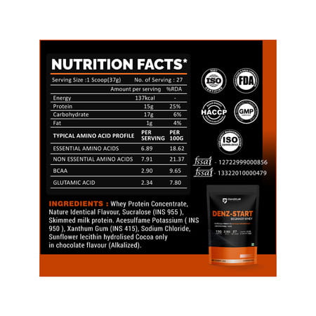 Denzour Nutrition Denz - Start Beginner's Whey Powder | For Men & Women - Belgium Chocolate | 1Kg