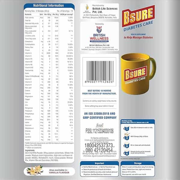 Bsure Diabetes Care Balanced Vital Nutrients Blood Sugar | Weight & Strength Vanilla Flavour- 400Gm.