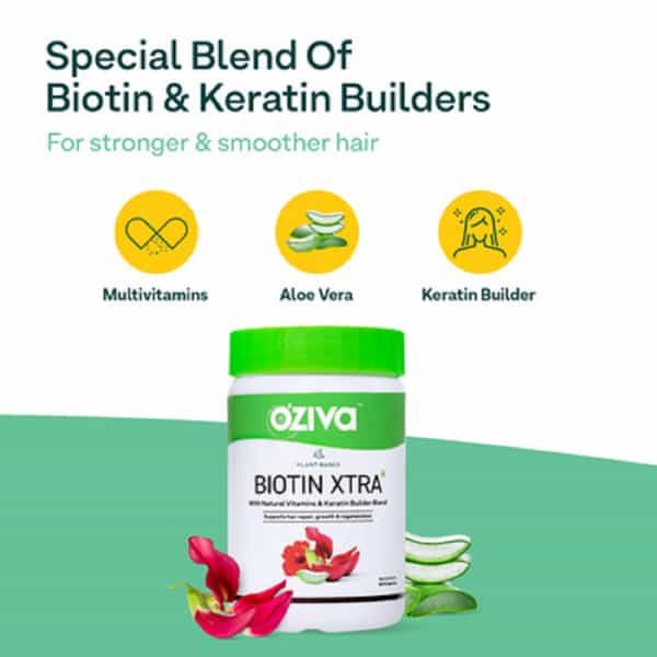 Oziva Plant Based Biotin Xtra Capsules (With Keratin Builder) For Hair Repair & Regen(60 Capsules)