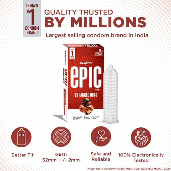 Manforce Epic Hot Dots Belgian Chocolate Flavour Premium Condoms Disposable Pouch 10'S