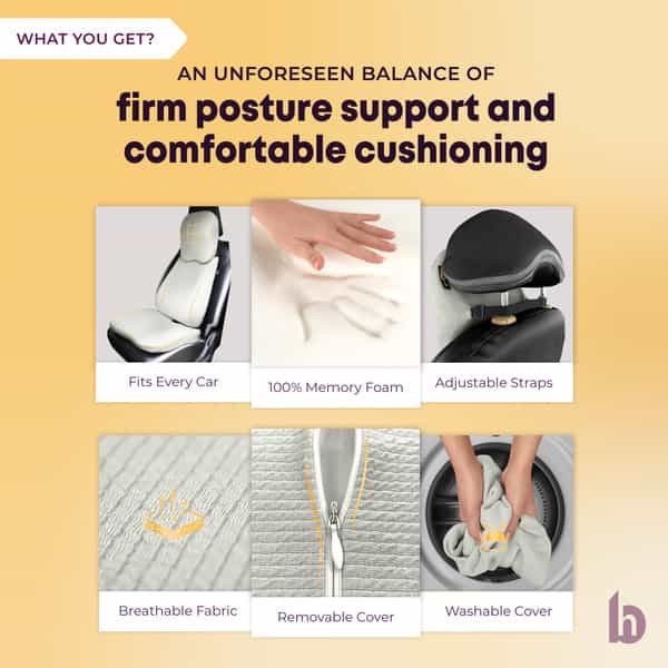 Betterhood Grey Memory Foam Ergonomic Neck Support | Lumbar Back Supoprt And Seat Cushion Combo Car