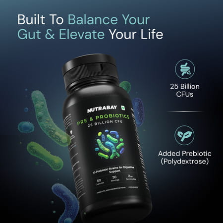 Nutrabay Wellness Pre & Probiotic Digestive Support 25 Billion Cfus - 60 Veg Capsules