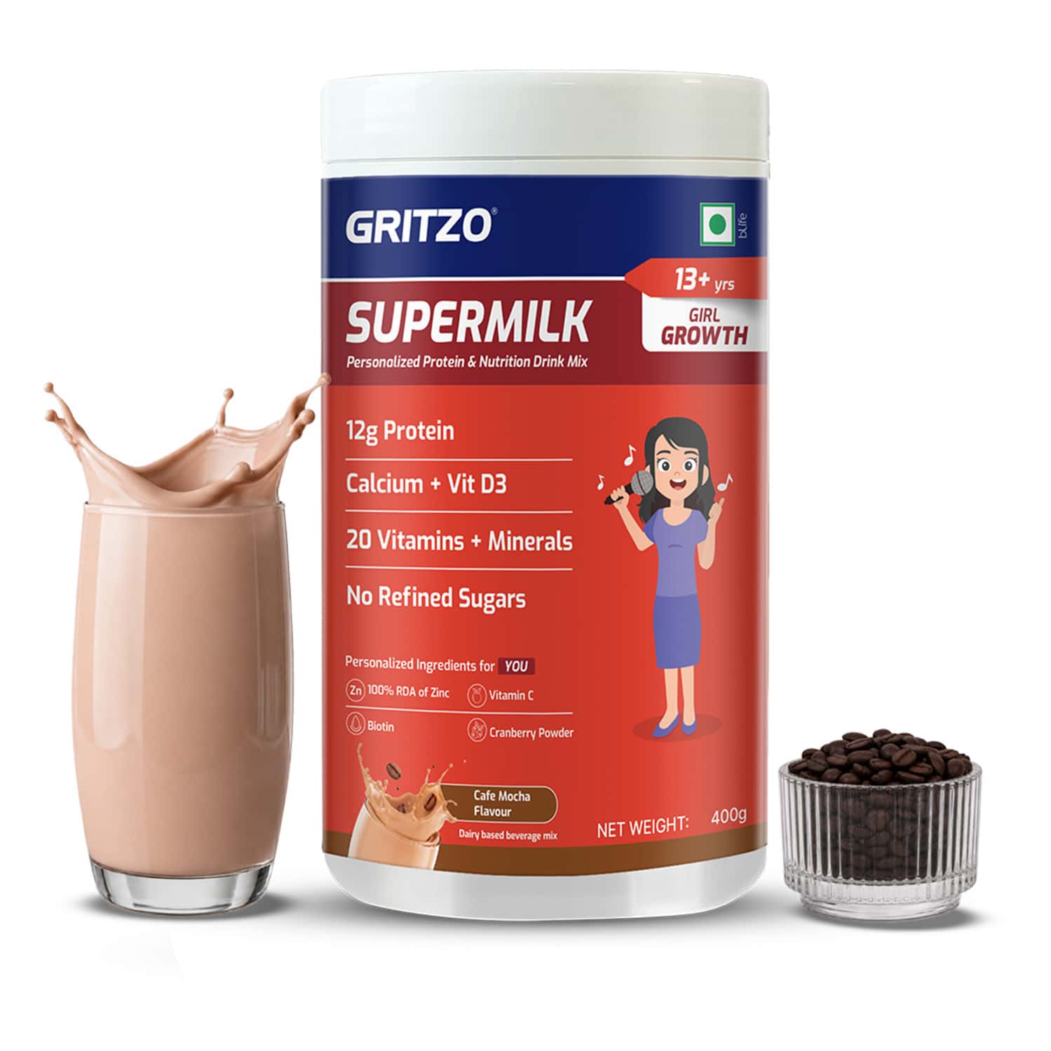 Gritzo Supermilk Growth (13+ Girl) | Cafe Mocha | 400g | 12g Protein With 20 Vitamins & Minerals