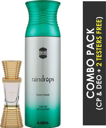 Ajmal Aura Cp Attar 10ml For Unisex And Raindrops Femme Deodorant 200ml For Women