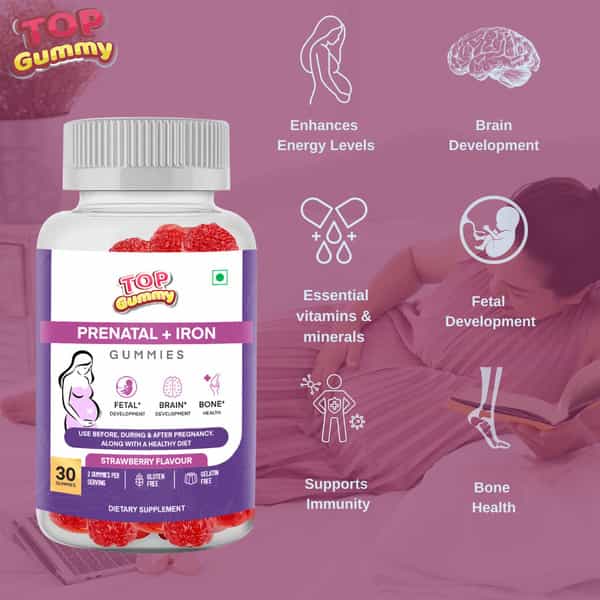 Top Gummy Prenatal + Iron With Vitamin B6 | B12 & Folic Acid | 30 Gummies (Strawberry Flavour)