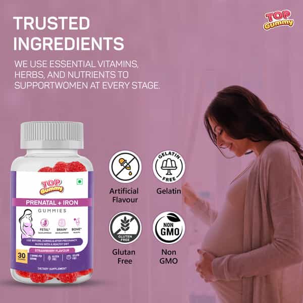 Top Gummy Prenatal + Iron With Vitamin B6 | B12 & Folic Acid | 30 Gummies (Strawberry Flavour)