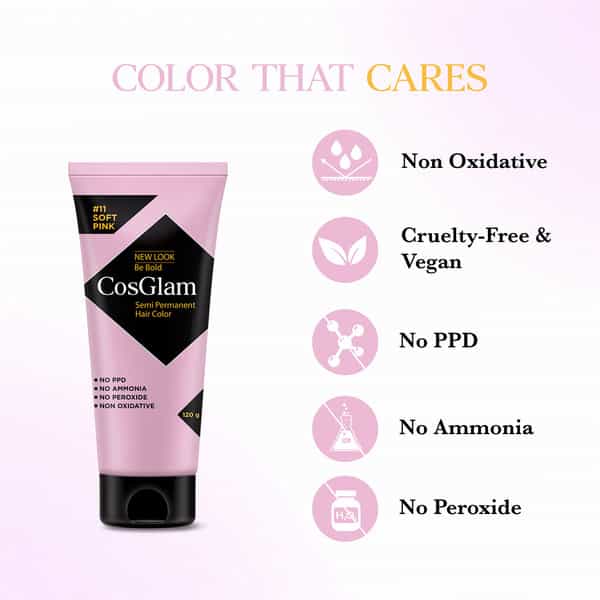 Cosglam Semi Permanent Hair Color | No Peroxide | Ammonia Free Hair Colour 11 Soft Pink - 120Gm
