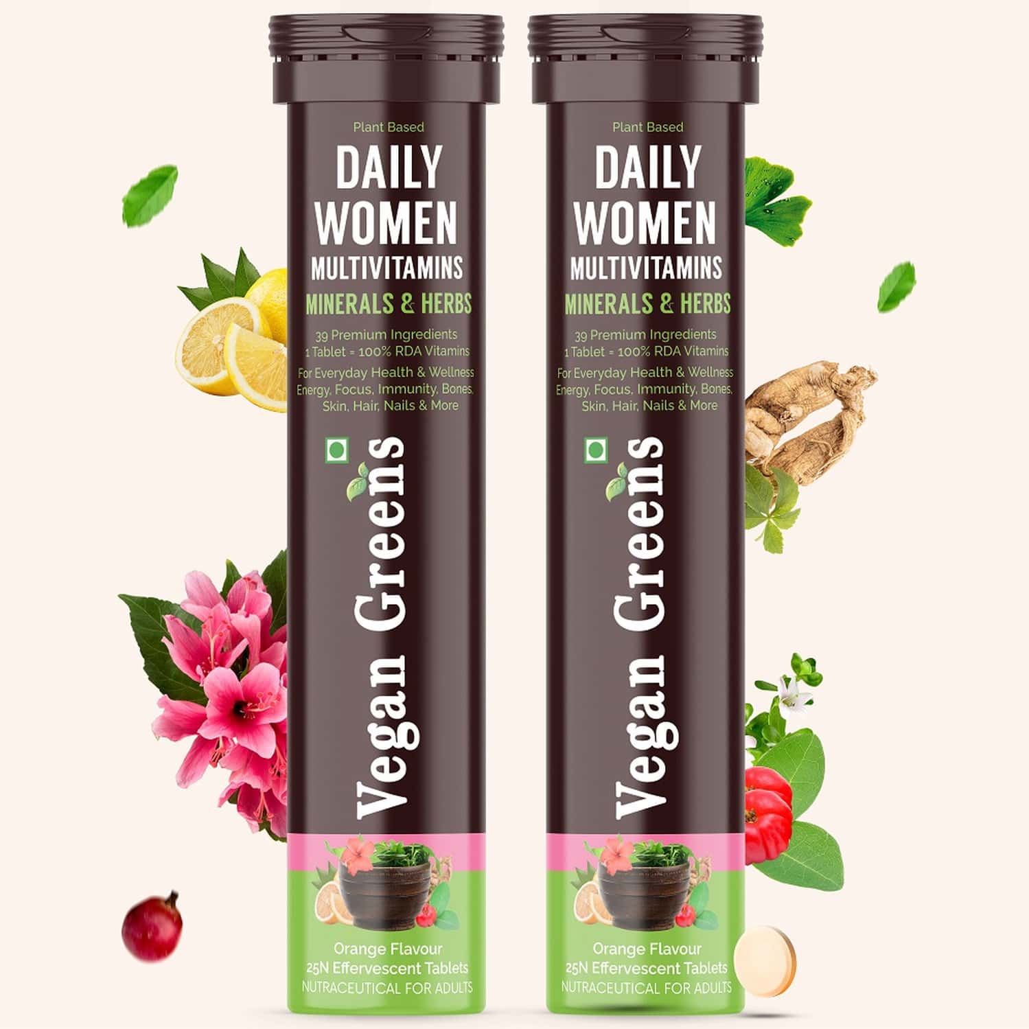 Vegan Greens Daily Women Multivitamins- 39 Vitamins | Minerals & Herbs. 100% Rda. 50 Effer. | Orange