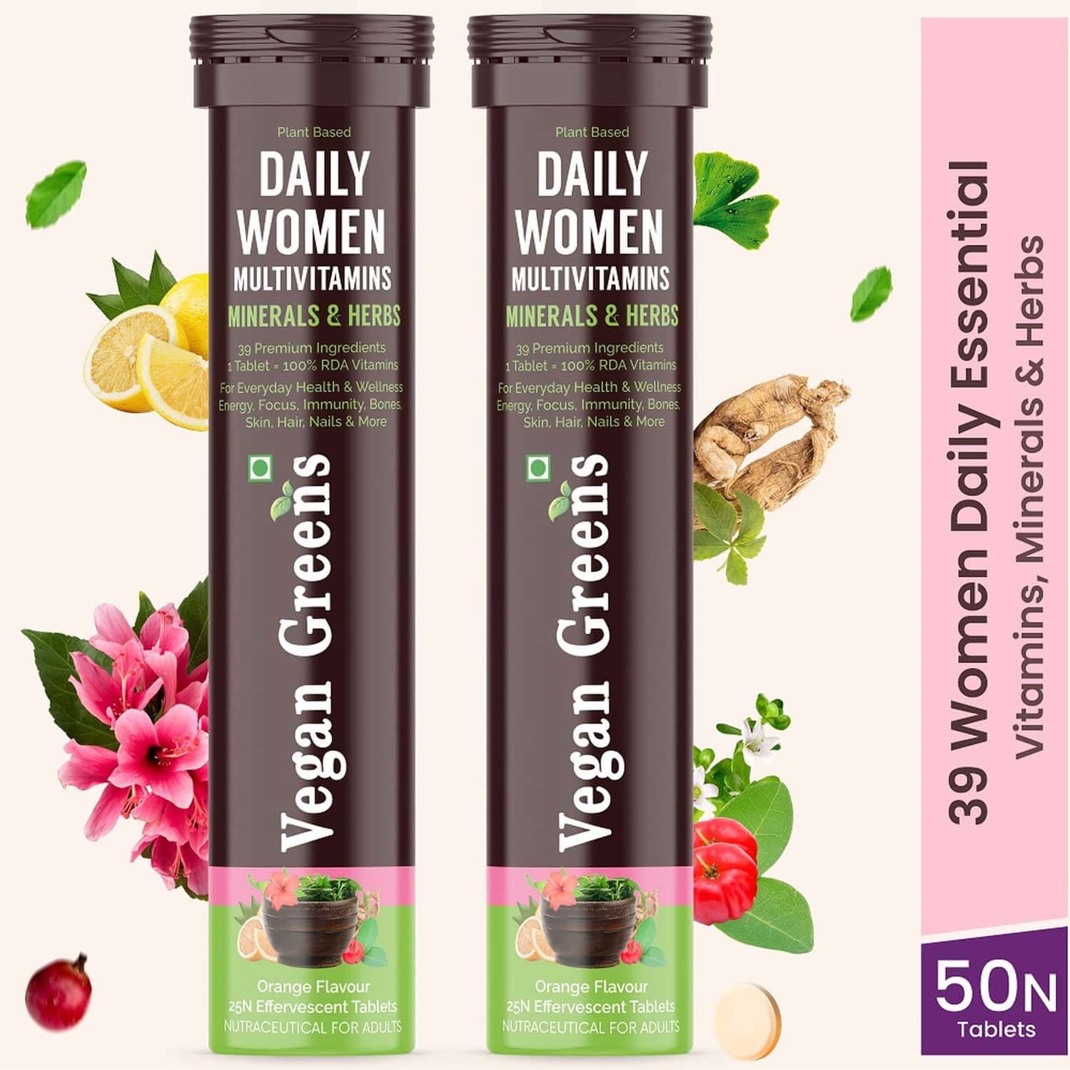 Vegan Greens Daily Women Multivitamins- 39 Vitamins | Minerals & Herbs. 100% Rda. 50 Effer. | Orange