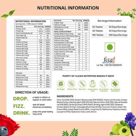 Vegan Greens Daily Women Multivitamins- 39 Vitamins | Minerals & Herbs. 100% Rda. 50 Effer. | Orange