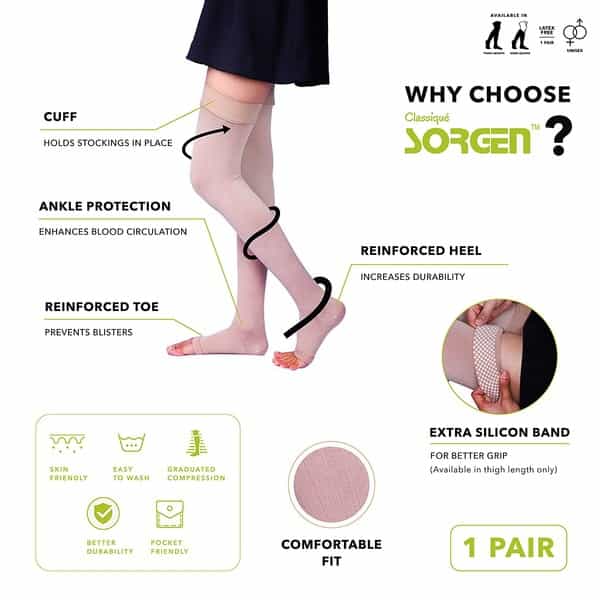 Sorgen Classique (Lycra) Compression Stockings For Varicose Veins Class 2 Thigh Length Large