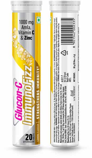 Glucon C Immunofizz -1000Mg Amla Vitamin C & Zinc - Immunity - 20 Effervescent Tablets (Lemon)