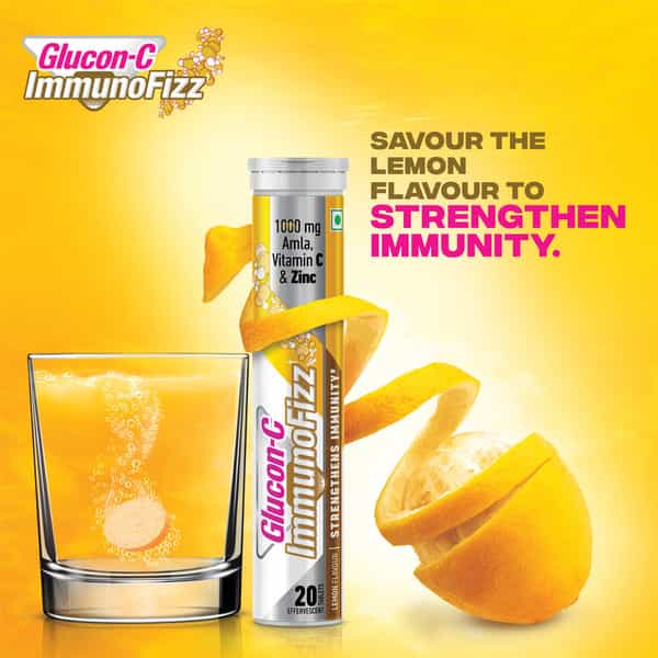Glucon C Immunofizz -1000Mg Amla Vitamin C & Zinc - Immunity - 20 Effervescent Tablets (Lemon)