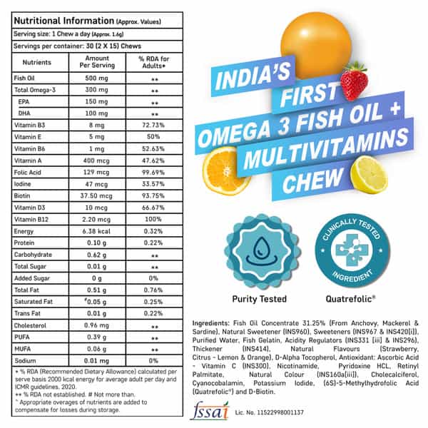 Quarant Vitachews Omega 3 Fish Oil + Multivitamin For Men & Women | 30 Sugar Free Gummies