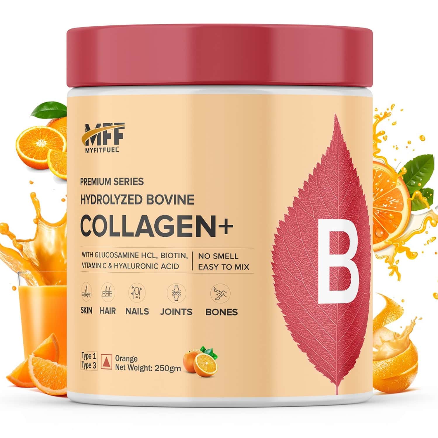 Myfitfuel Hydrolyzed Bovine Collagen + Glucosamine, Hyaluronic, Biotin, Zinc Vitaminc (250g, Orange)