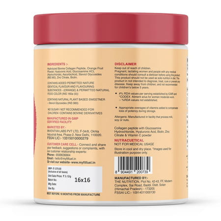 Myfitfuel Hydrolyzed Bovine Collagen + Glucosamine, Hyaluronic, Biotin, Zinc Vitaminc (250g, Orange)