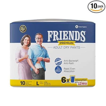 Friends Premium Adult Diapers | Dry Pants Style | (L) 6x Size 30-56 Inch 10 Unit