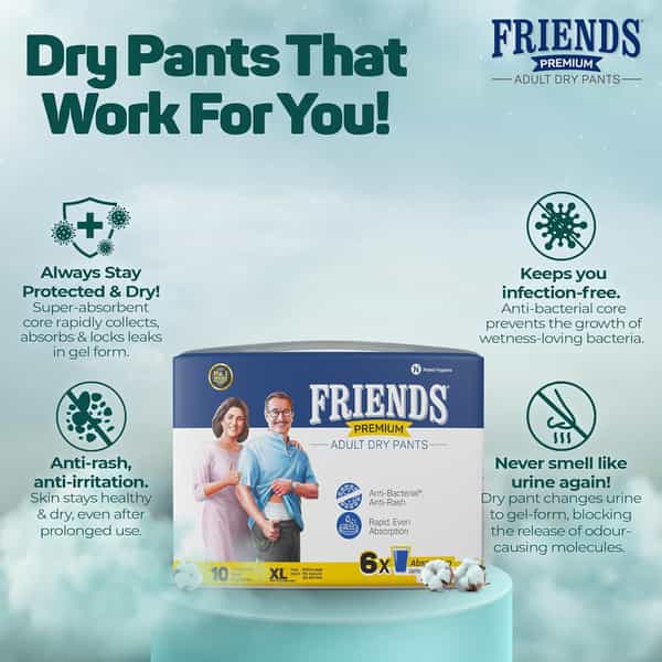 Friends Premium Adult Diapers | Dry Pants Style | (L) 6X Size 30-56 Inch 10 Unit