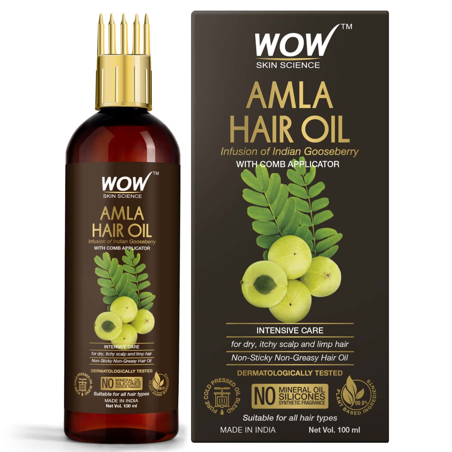 Wow Skin Science Amla Hair Oil - Pure Cold Pressed Indian Gooseberry Oil + Comb Applicator - 100ml