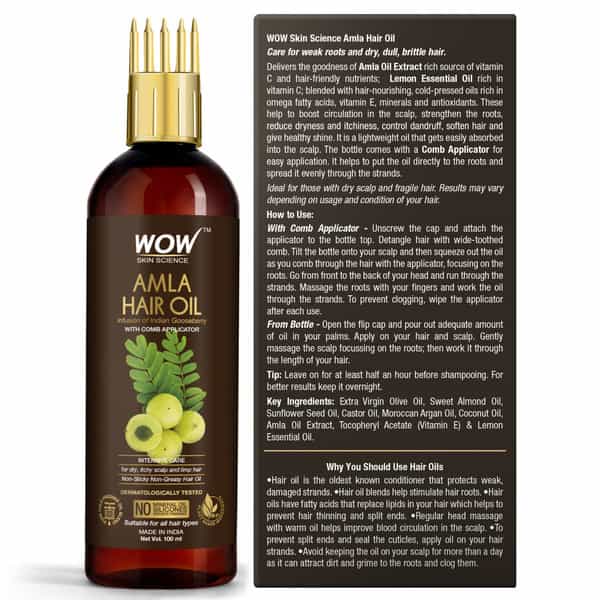 Wow Skin Science Amla Hair Oil - Pure Cold Pressed Indian Gooseberry Oil + Comb Applicator - 100Ml