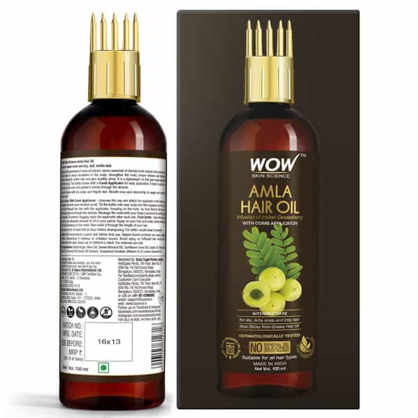 Wow Skin Science Amla Hair Oil - Pure Cold Pressed Indian Gooseberry Oil + Comb Applicator - 100Ml