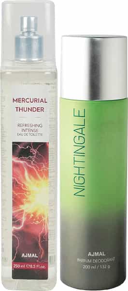 Ajmal Mercurial Thunder Edt Of 250Ml & Nightingale Deodorant 200Ml Combo Pack Of 2 (Total 450Ml)