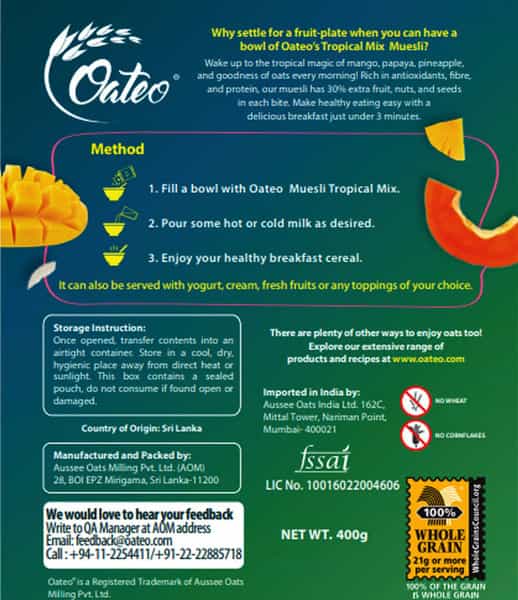 Oateo Museli Tropical Mix (Coconut Papaya Mango Pineapple) 400 Grams - 400G