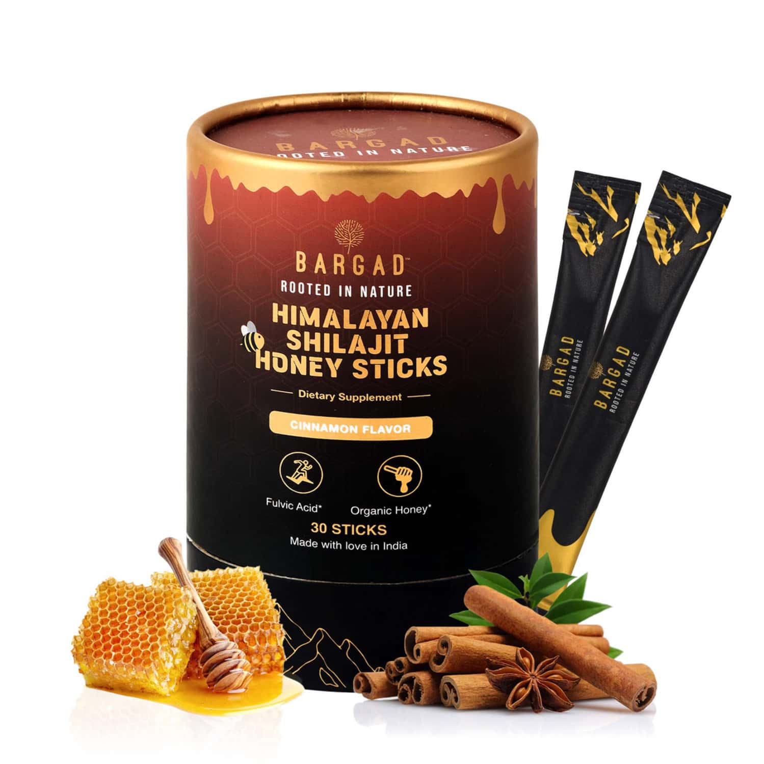 Bargad Himalayan Shilajit Honey Sticks - Cinnamon Flavor | Fulvic Acid & Organic Honey - 30n