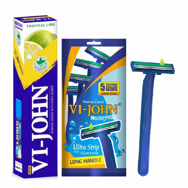 Vi-John Combo Pack Of Tropical Lime Shaving Cream 125G & Master Stroke Razor Set Of 5 - Pack Of 2