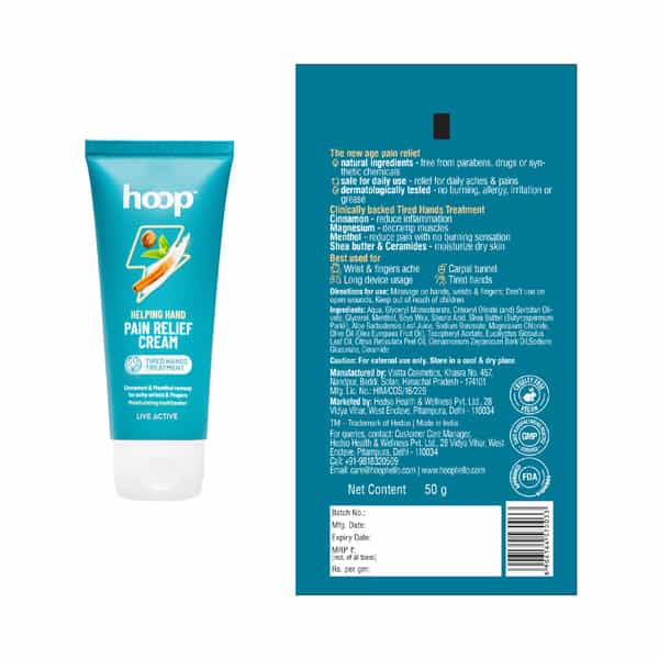 Hoop Hand Cream - Moisturizer & Pain Relief For Wrist | Thumb | Carpal Tunnel | Finger (50 G)