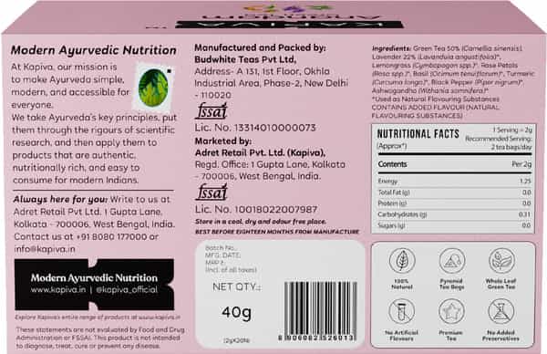 Kapiva Anandam Green Tea | Helps De-Stress & Relax | Enriched With Lavender Ashwagandha| 20 Tea Bags