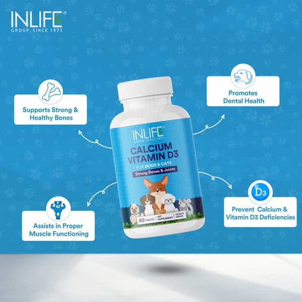 Inlife Calcium For Dogs With Vitamin D3 Supplement 60 Tablets Pet Health Supplements (500 Mg)