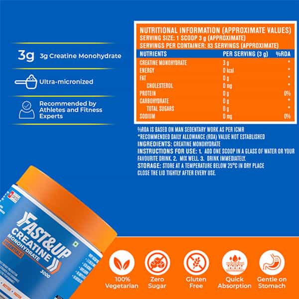 Fast&Up Creatine Monohydrate Essentials-For Longer Workout Muscle Recovery-83 Serving(Unflavored)