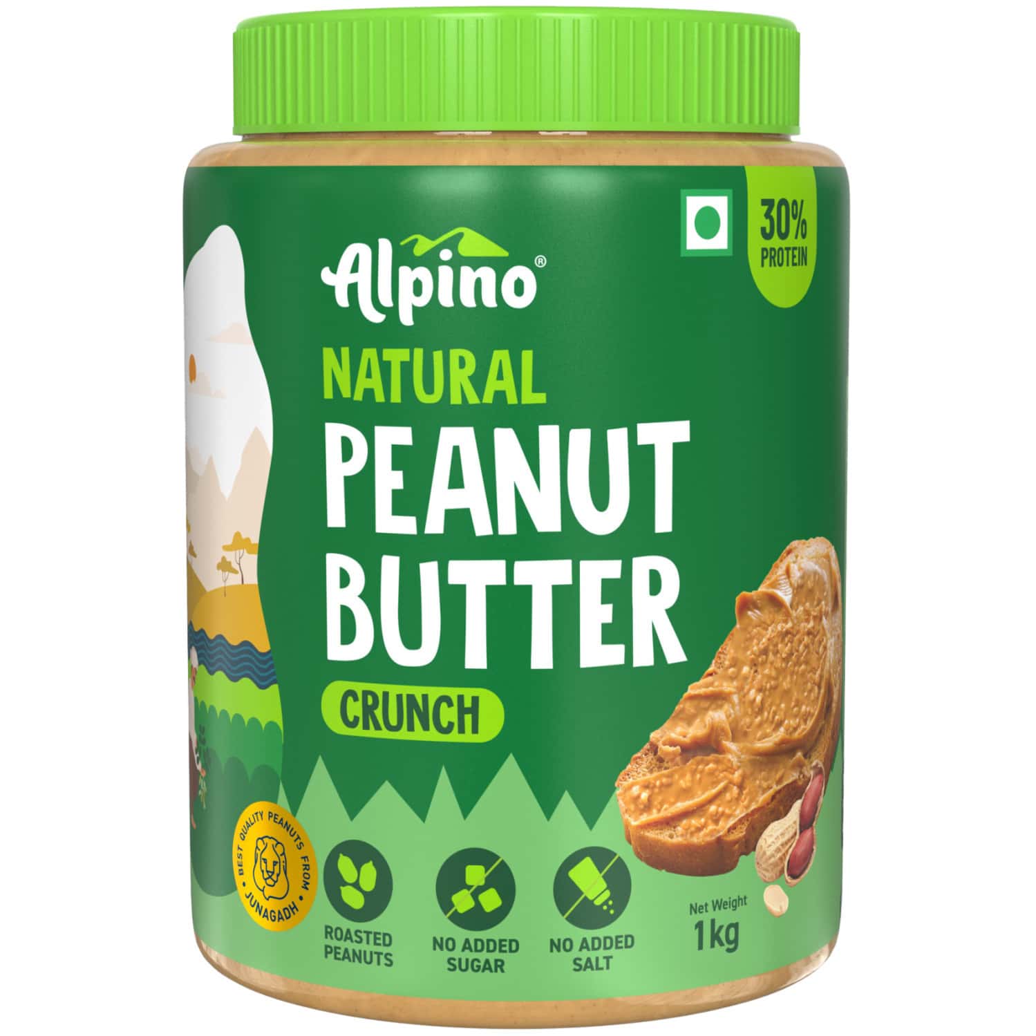 Alpino Natural Peanut Butter Crunchy 1 Kg |High Protein Peanut Butter | Unsweetened Vegan