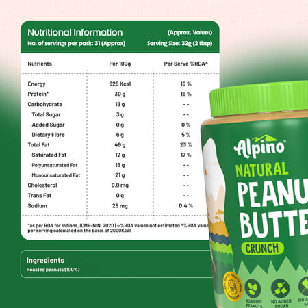 Alpino Natural Peanut Butter Crunchy 1 Kg |High Protein Peanut Butter | Unsweetened Vegan