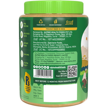 Alpino Natural Peanut Butter Crunchy 1 Kg |High Protein Peanut Butter | Unsweetened Vegan