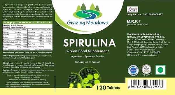 Grazing Meadows Spirulina Tablets Immunity And Health Pure Natural Supplement Superfood 120 Tabs