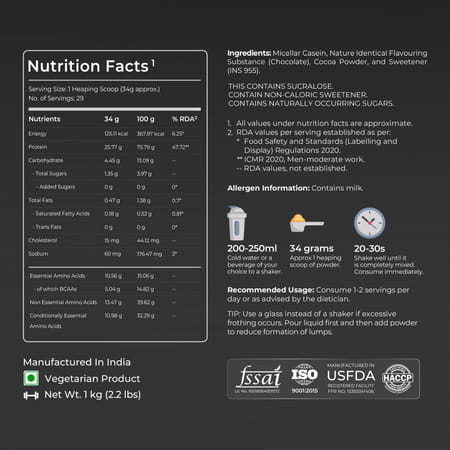 Nutrabay Micellar Casein Protein Powder - 1kg Chocolate Flavour | For Men & Women