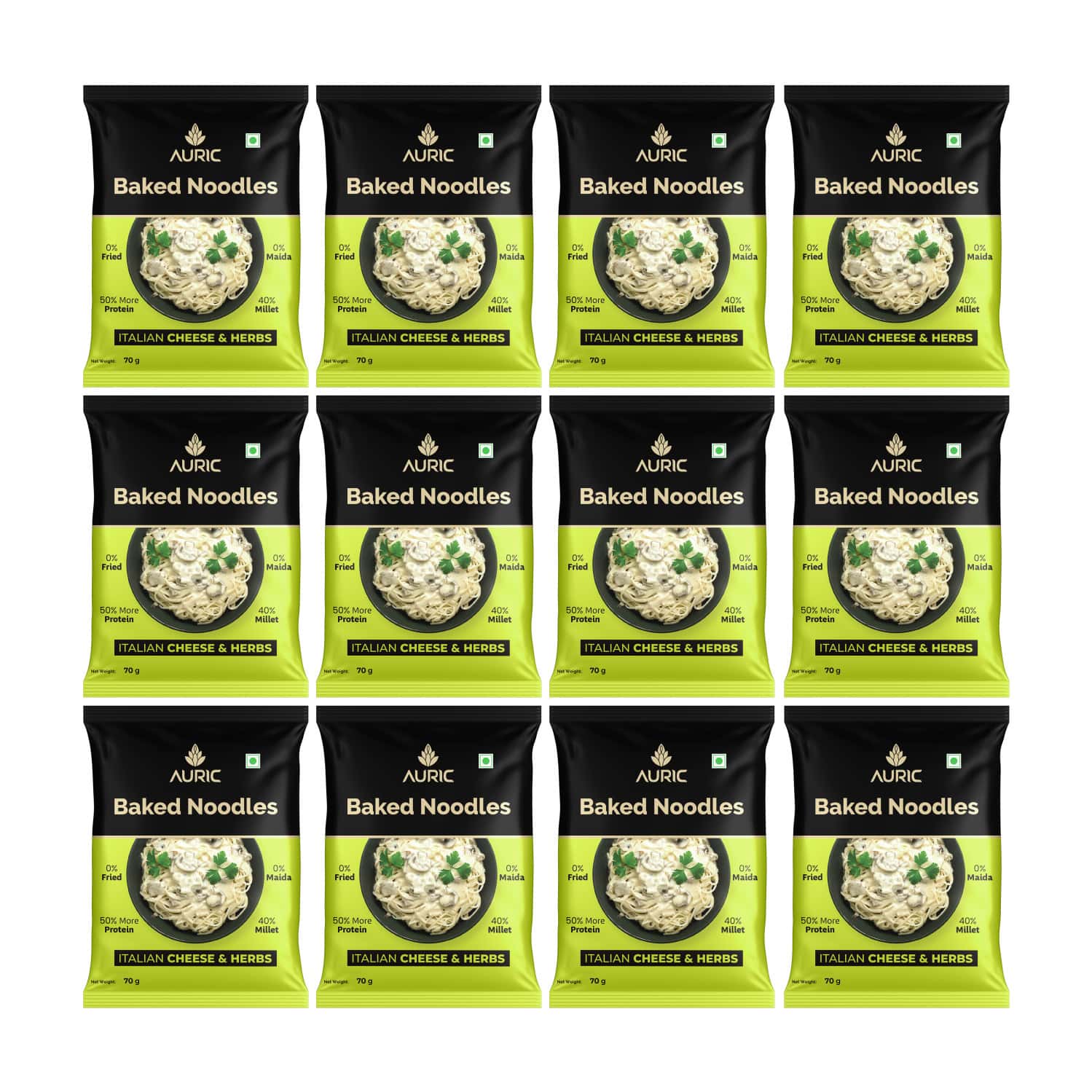 Auric Baked Instant Italian Cheese & Herbs Noodles 70g (Pack Of 12) Baked | Not Fried