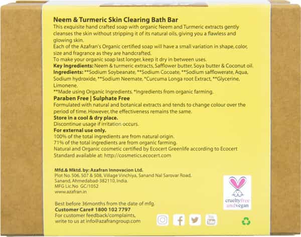 Azafran Organic Neem & Turmeric Skin Clearing Bath Bar- Pack Of 3