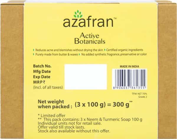 Azafran Organic Neem & Turmeric Skin Clearing Bath Bar- Pack Of 3
