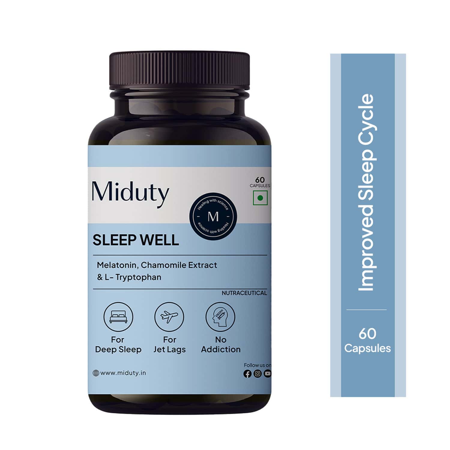 Miduty Sleep Well - Melatonin - Valerian Root - Deep Sleep Support - Stress Relief - 60 Capsules