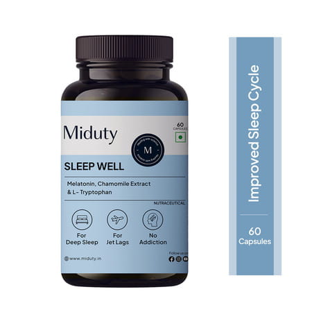 Miduty Sleep Well - Melatonin - Valerian Root - Deep Sleep Support - Stress Relief - 60 Capsules