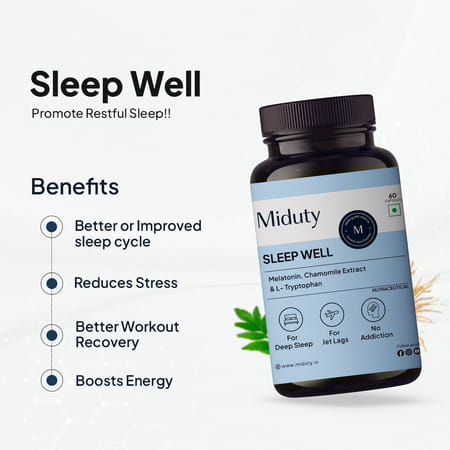 Miduty Sleep Well - Melatonin - Valerian Root - Deep Sleep Support - Stress Relief - 60 Capsules