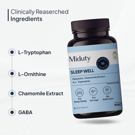 Miduty Sleep Well - Melatonin - Valerian Root - Deep Sleep Support - Stress Relief - 60 Capsules