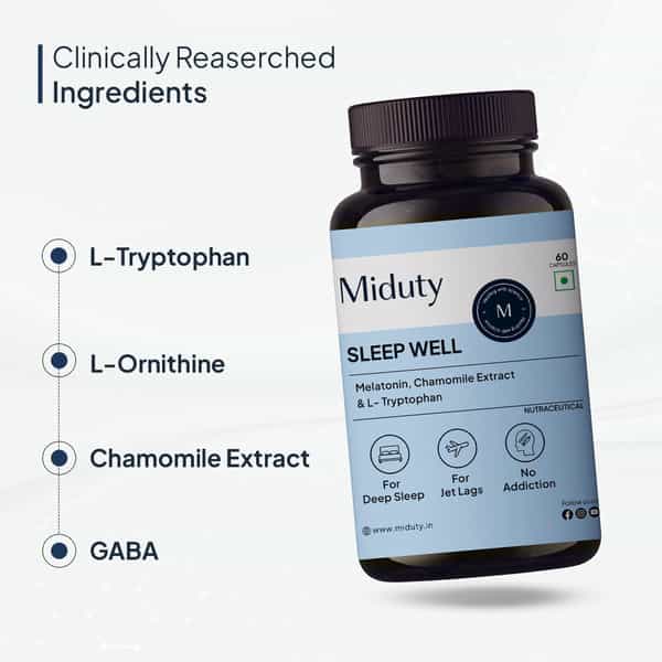 Miduty Sleep Well - Melatonin - Valerian Root - Deep Sleep Support - Stress Relief - 60 Capsules