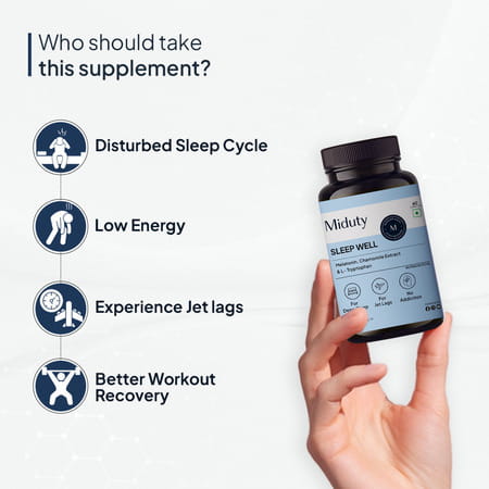 Miduty Sleep Well - Melatonin - Valerian Root - Deep Sleep Support - Stress Relief - 60 Capsules