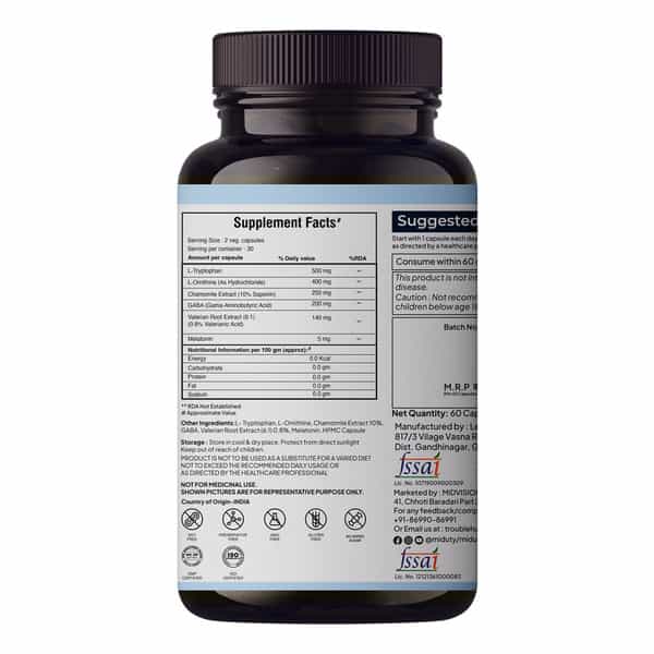 Miduty Sleep Well - Melatonin - Valerian Root - Deep Sleep Support - Stress Relief - 60 Capsules