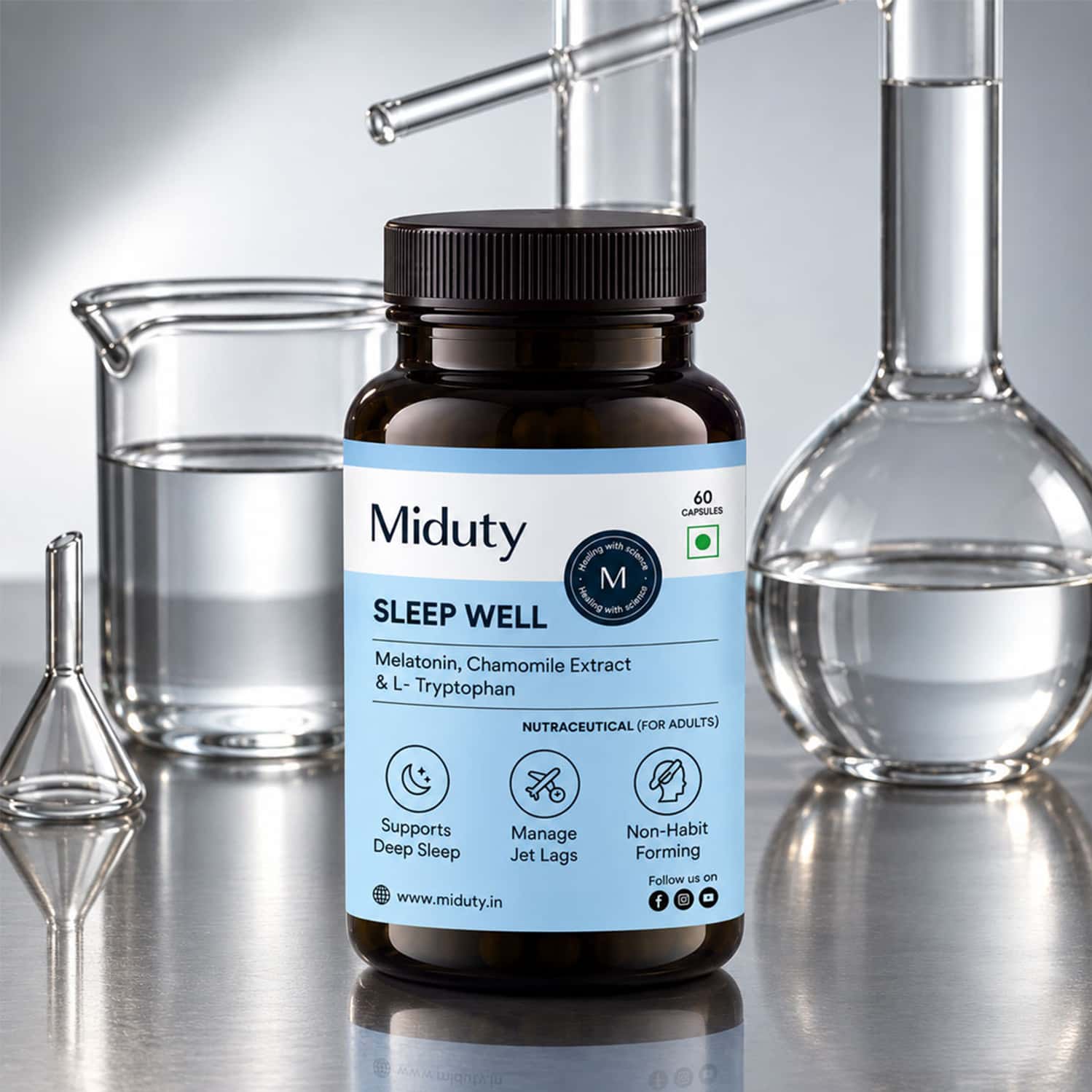 Miduty Sleep Well - Melatonin - Valerian Root - Deep Sleep Support - Stress Relief - 60 Capsules