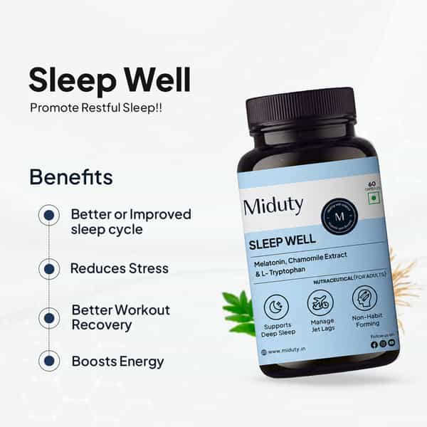 Miduty Sleep Well - Melatonin - Valerian Root - Deep Sleep Support - Stress Relief - 60 Capsules